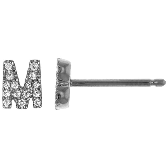 14K Solid White Gold Natural Diamond Initial 'M' Letter Mix & Match SINGLE Stud Earring (Half Pair)