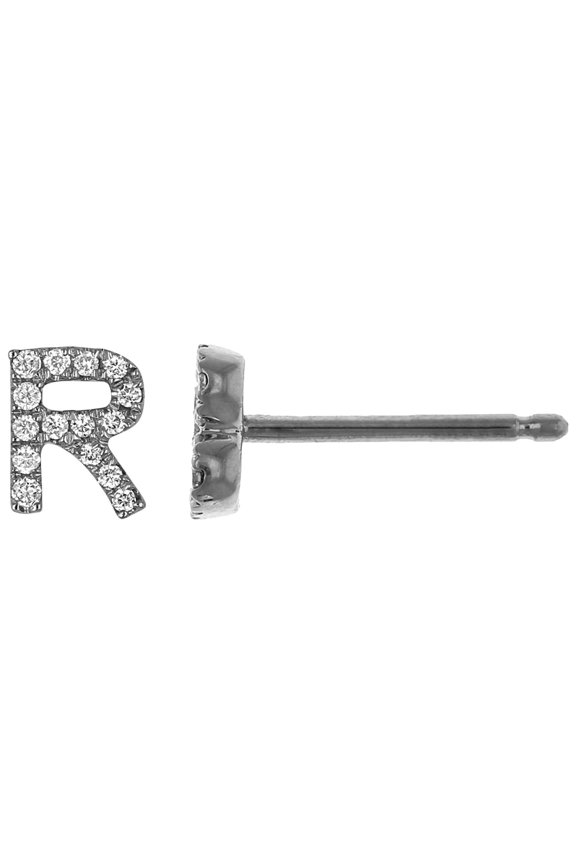 14K Solid White Gold Natural Diamond Initial 'R' Letter Mix & Match SINGLE Stud Earring (Half Pair)