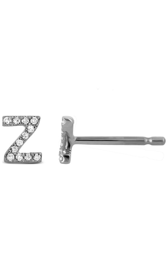 14K Solid White Gold Natural Diamond Initial 'Z' Letter Mix & Match SINGLE Stud Earring (Half Pair)