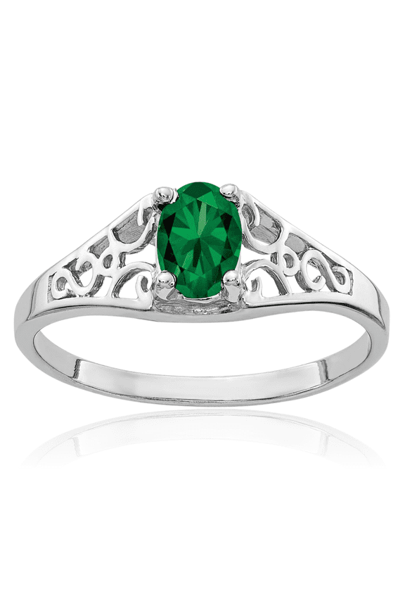 14K Solid White Gold 0.50 carat Green Mount St. Helens Helenite Filigree Helenite Solitaire Ring - Oval Cut, Simulated, Prong Set Women's