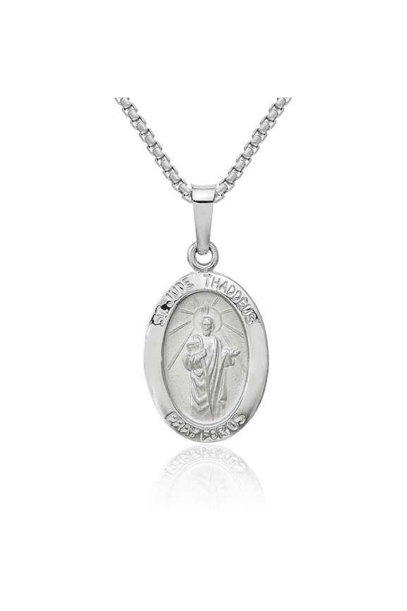 14K Solid White Gold Oval San Judas Tadeo St Jude Patron Saint Thaddeus Medal Necklace Chain Pendant Charm
