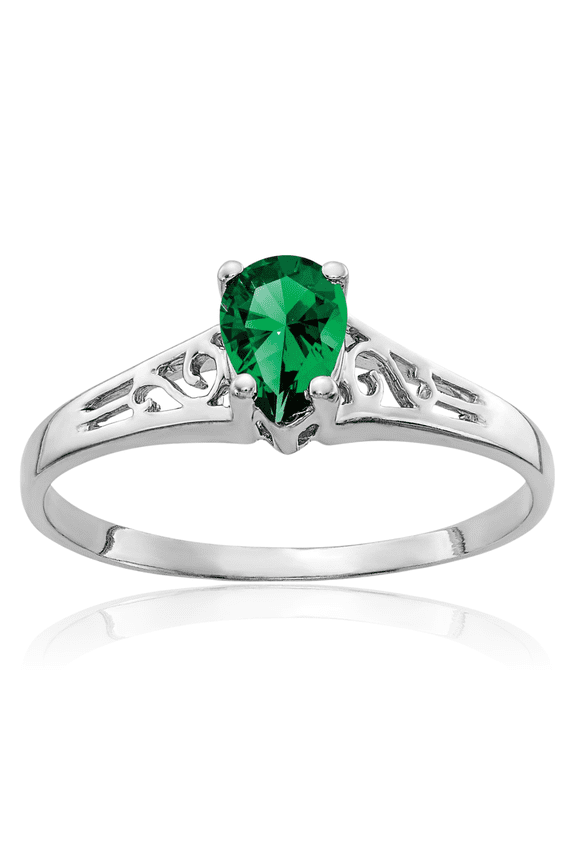 14K Solid White Gold 0.70 carat Green Mount St. Helens Helenite Filigree Helenite Solitaire Ring - Pear Cut, Simulated, Prong Set Women's