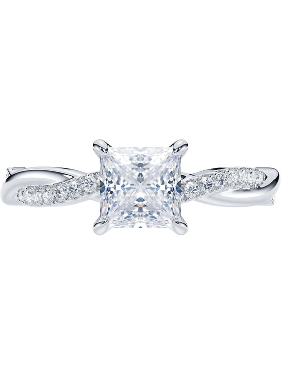 14K Vermeil White Gold Ring 4-Prong Petite Twisted Vine 1.0 CT Princess Cut Genuine Moissanite Engagement Ring Anniversary Ring