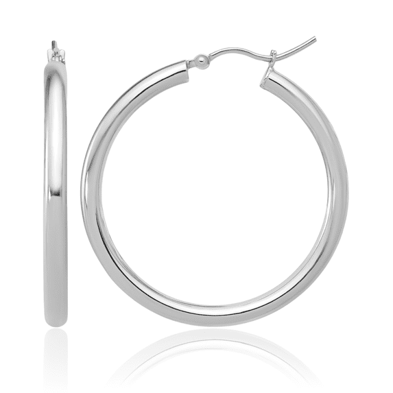 14K Solid White Gold Round Medium Hoop Earrings