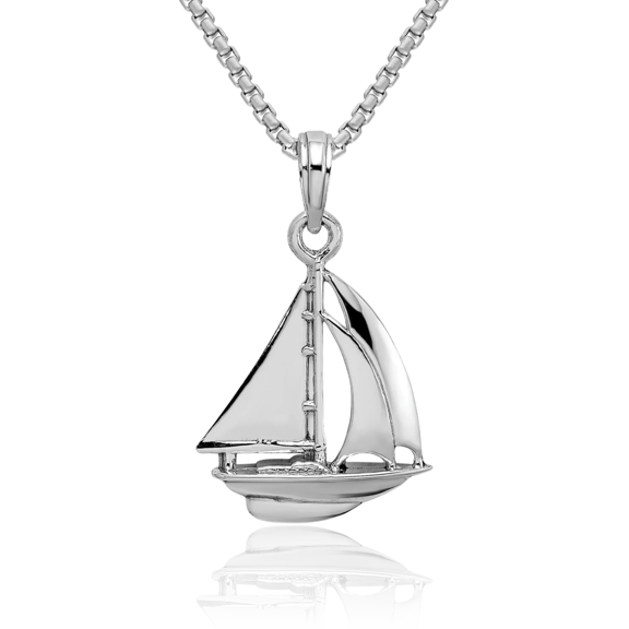 14K Solid White Gold Sailboat Necklace Chain Pendant Charm