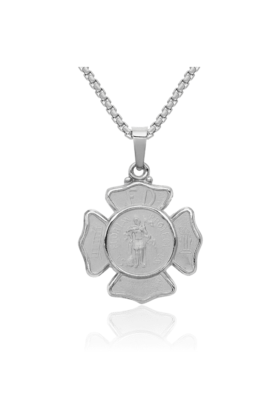 14K Solid White Gold Saint Florian Medal Necklace Chain Pendant Charm