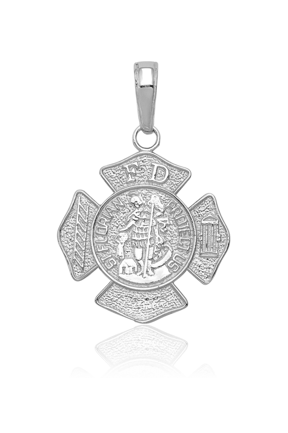 14K Solid White Gold Medium Saint Florian Medal Pendant Necklace - 23.7mm 0.9 inch - Polished, Textured Adult