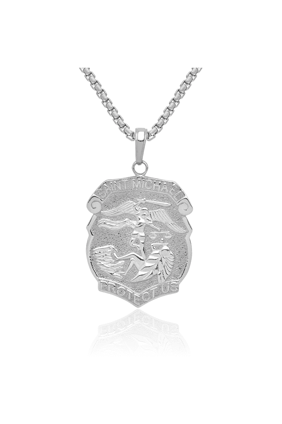 14K Solid White Gold Saint Michael Protect Us Medal Protects Patron Archangel Guardian Angel Wings Necklace Christian Religious Chain Pendant Faith Charm