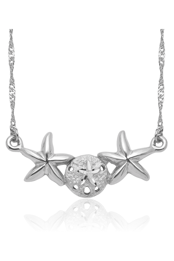 14K Solid White Gold Sand Dollar Sea Star Starfish Chain Necklace