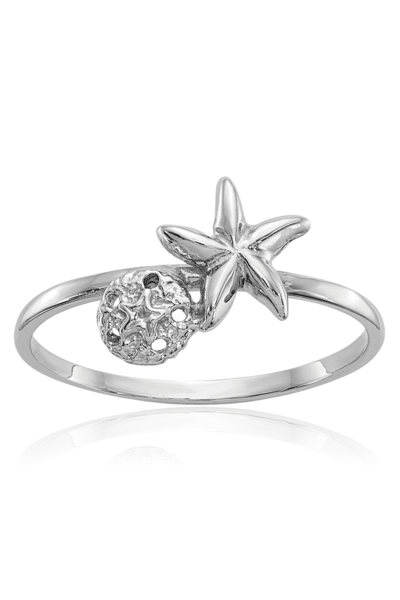 14K Solid White Gold Starfish Sand Dollar Sea Star Ring