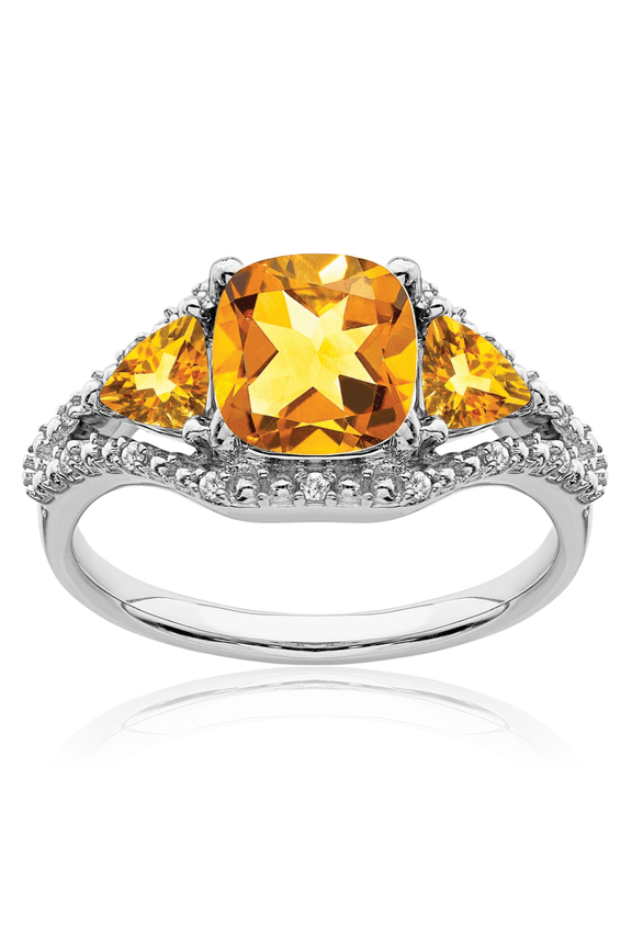14K Solid White Gold Yellow Orange Citrine Diamond Ring Gemstone Band November Birthstone Jewelry