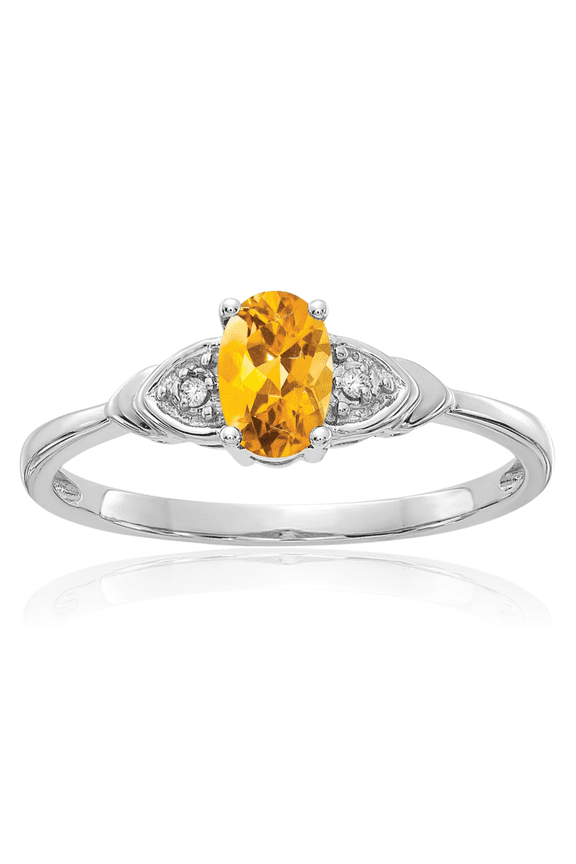 14K Solid White Gold 0.55 carat Yellow Citrine Diamond Accent Promise Ring - 2mm Slim Band - Oval Cut, Natural, Prong Set Women's