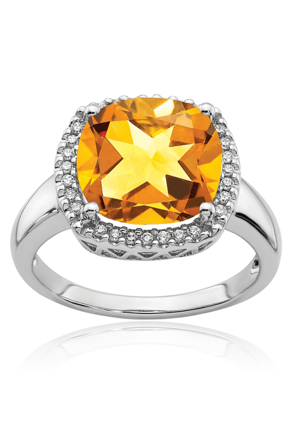14K Solid White Gold Yellow Orange Citrine Diamond Ring Gemstone Band November Birthstone Jewelry