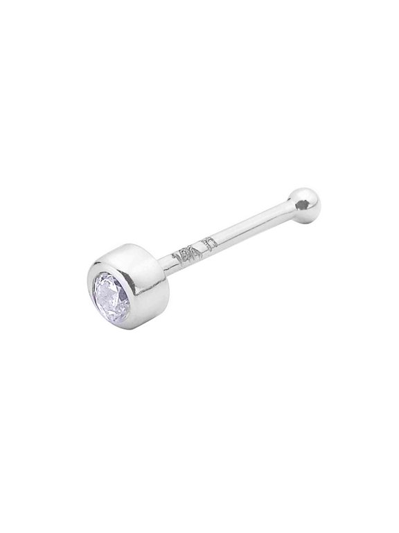 14K Solid White Round Nose Ring Piercing With CZ Bezel Set