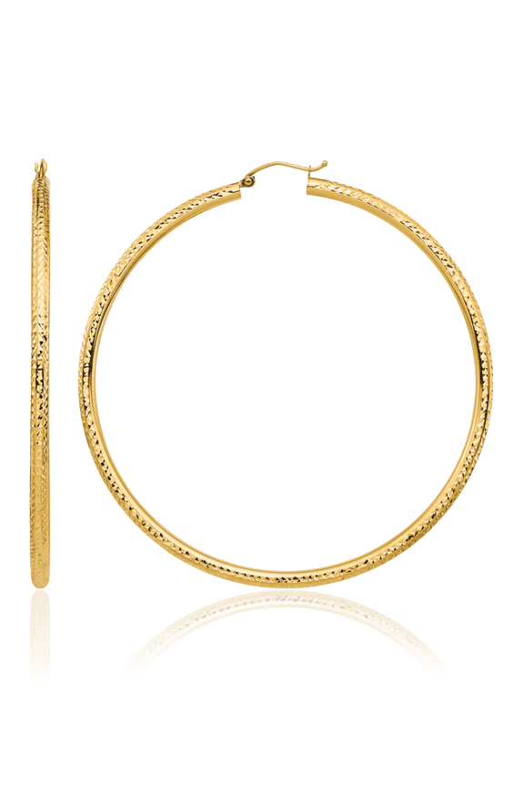 14K Solid Yellow Gold Round Extra Large Hoop Earrings - 71.8mm 2-7/8 inch - Snap Back, Diamond Cut Women's