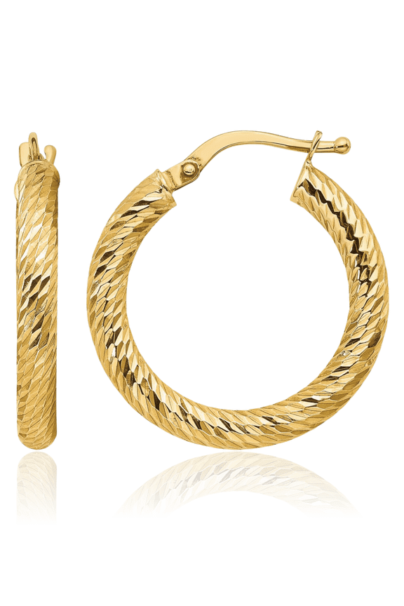 14K Solid Yellow Gold Round Medium Hoop Earrings - 22.5mm 7/8 inch - Snap Back, Diamond Cut Women's