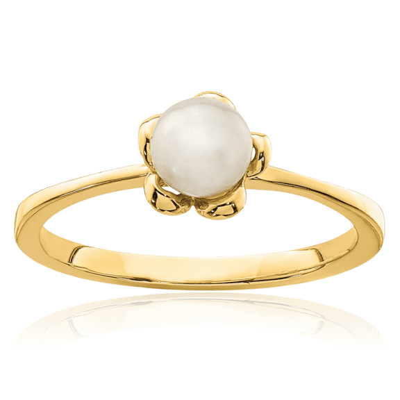 14K Solid Yellow Gold 4mm White Button Freshwater Cultured Pearl Flower Ring