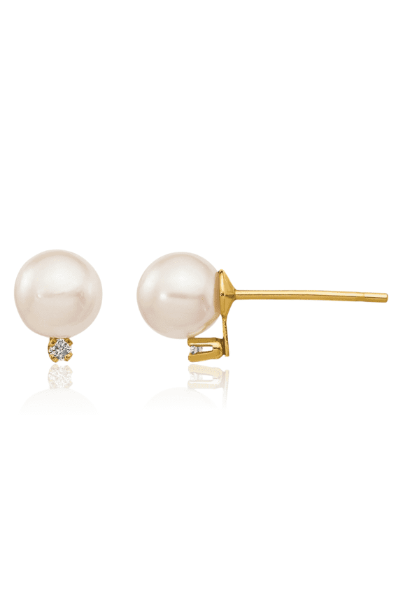 14K Solid Yellow Gold 5mm White Round Akoya Saltwater Cultured Pearl Diamond Stud Earrings