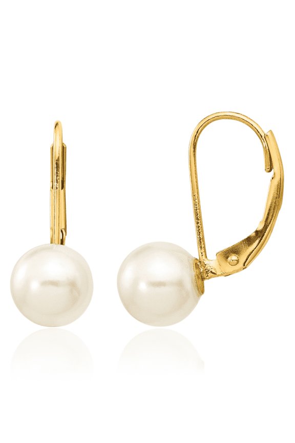 14K Solid Yellow Gold 7mm White Round Saltwater Akoya Cultured Pearl Drop Dangle Earrings Gemstone