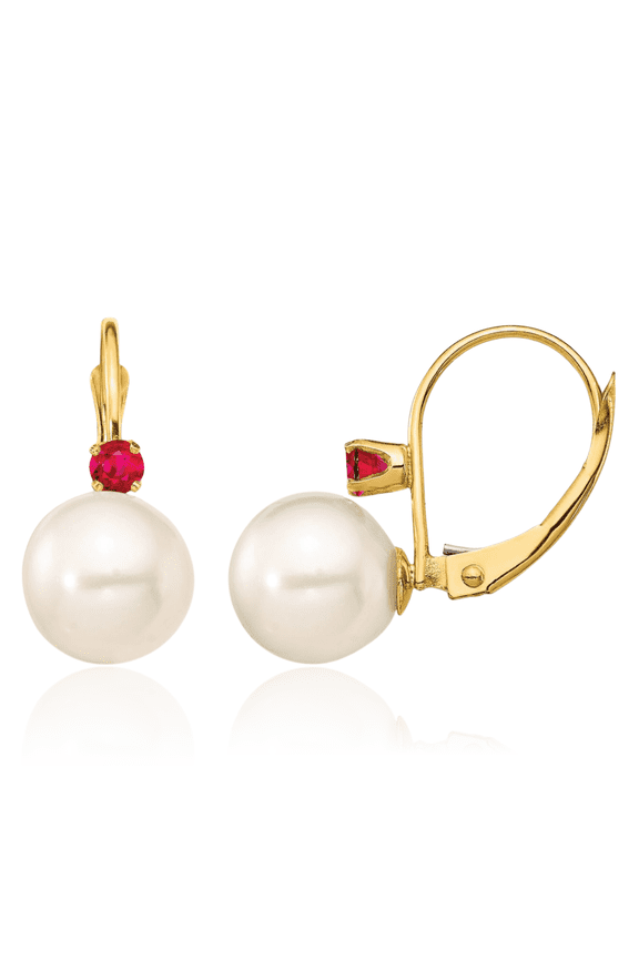 14K Solid Yellow Gold 8mm White Round Freshwater Cultured Pearl .18ru Ruby Drop Dangle Earrings Gemstone July Birthstone Jewelry