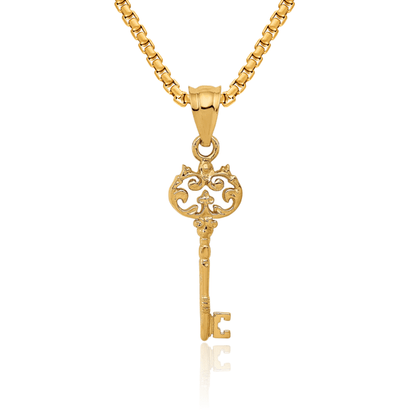 14K Solid Yellow Gold Antique Filigree Key Necklace Chain Pendant Charm