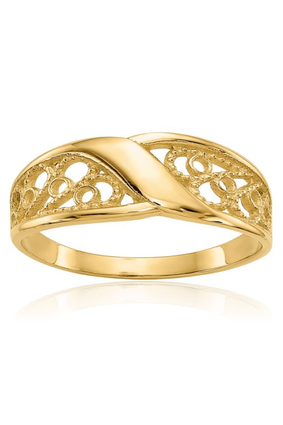 14K Solid Yellow Gold Beaded Filigree Statement Fashion Ring - 2mm Slim Band - Polished Women's