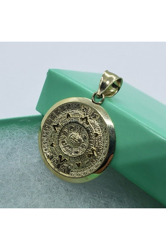 14K Solid Yellow Gold Aztec Mayan Sun Calendar Pendant