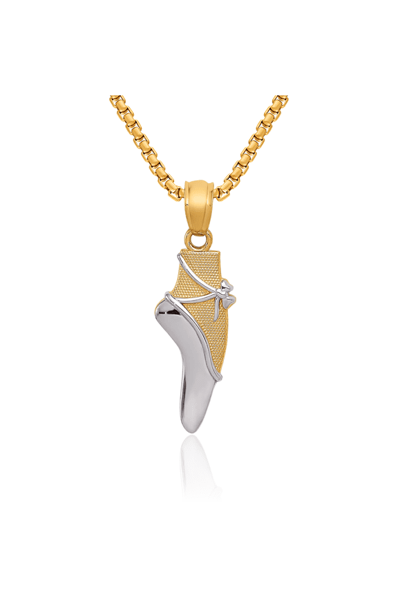 14K Solid Yellow Gold Ballet Slippers Necklace Ballerina Pointe Shoe Charm Dancer Pendant with chain 18inch