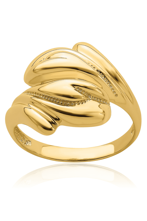 14K Solid Yellow Gold Beaded Crossover Chunky Dome Statement Ring