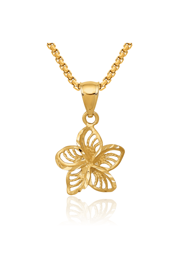 14K Solid Yellow Gold Beaded Hawaiian Plumeria Flower Necklace Chain Pendant Charm