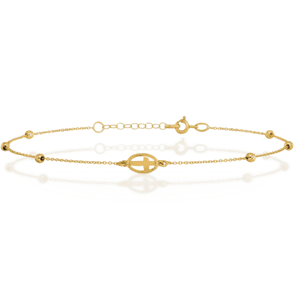 14K Solid Yellow Gold Beaded Holy Cross Anklet Religious Summer Beach Foot Ankle Bracelet