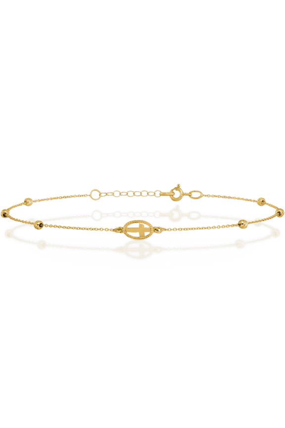 14K Solid Yellow Gold Beaded Holy Cross Anklet Religious Summer Beach Foot Ankle Bracelet