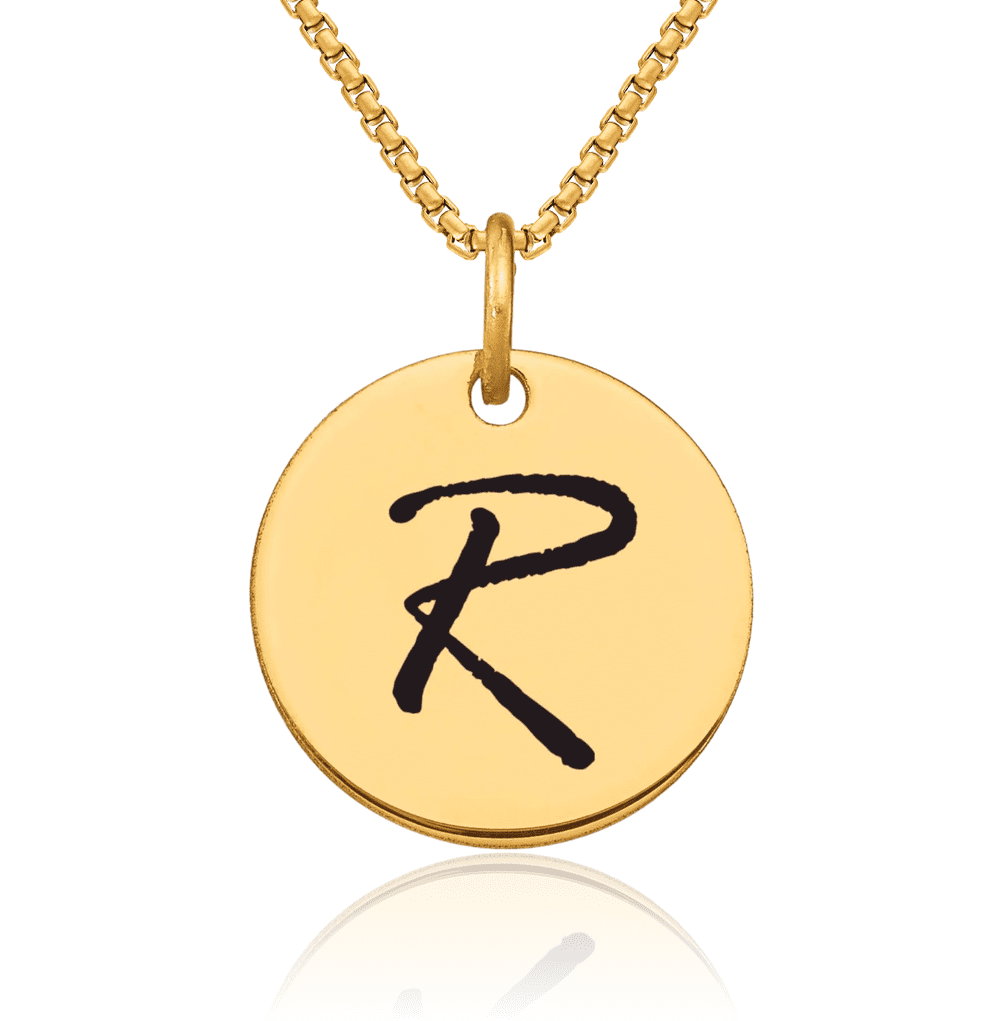 14K Solid Yellow Gold Black Dainty Letter R Initial Name Monogram Disk ...