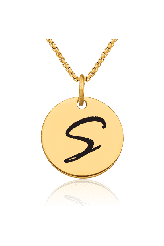 14K Solid Yellow Gold Black Dainty Letter S Initial Name Monogram Disk Necklace Chain Pendant Charm