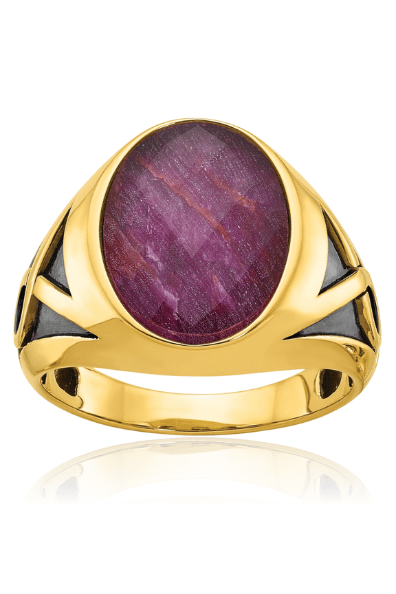 14K Solid Yellow Gold Black Mens Red Ruby Stone Statement Ring