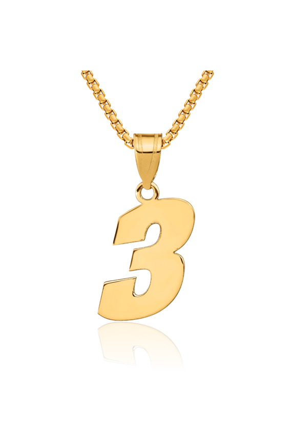 14K Solid Yellow Gold Block Number 3 Necklace Chain Pendant Charm
