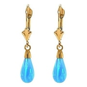 14K Solid Yellow Gold Blue Dangle Light Blue Opal Leverback Earrings For Women Jewelry