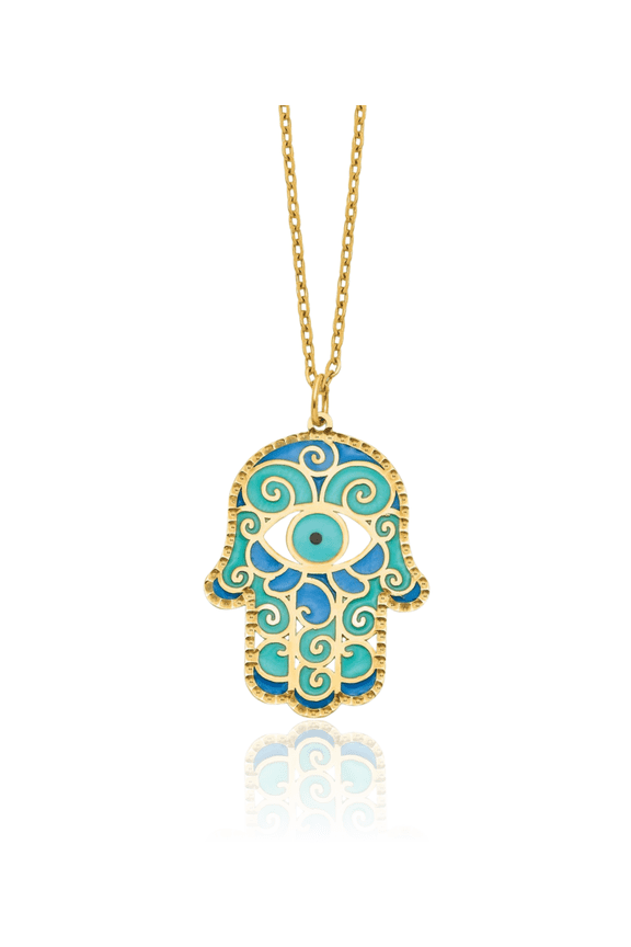 14K Solid Yellow Gold Blue Hamsa Hand of Fatima Evil Eye Protection Necklace Chain