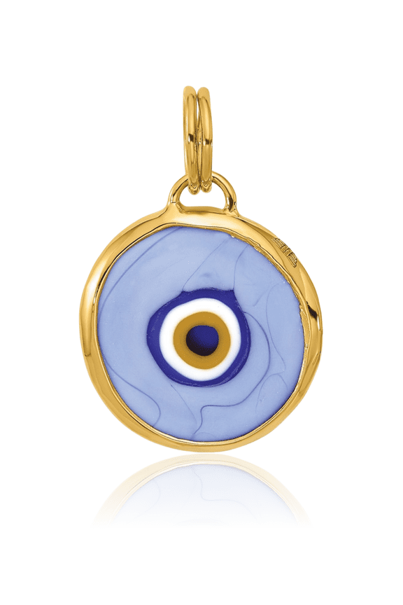 14K Solid Yellow Gold Blue Opal Medium Hamsa Evil Eye Pendant Necklace - 20mm 3/4 inch - Round Cut, Natural, Prong Set, Textured Women's