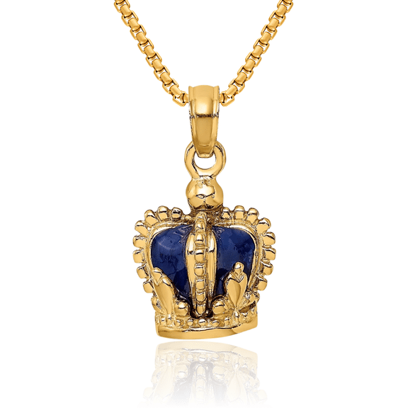 14K Solid Yellow Gold Blue Royal Princess Crown Necklace Chain Pendant Charm