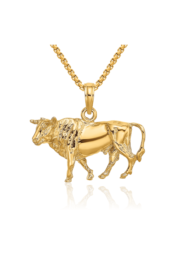 14K Solid Yellow Gold Buffalo Bull Head Skull Necklace Western Cowboy Pendant Taurus Charm