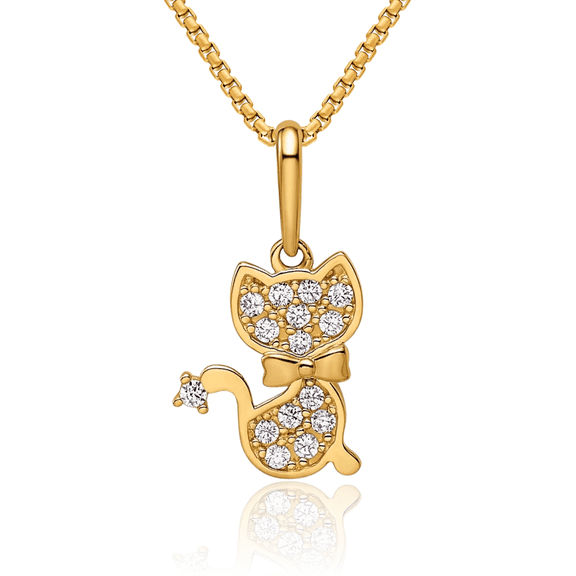 14K Solid Yellow Gold Cubic Zirconia CZ Cat Necklace Chain Pendant Charm
