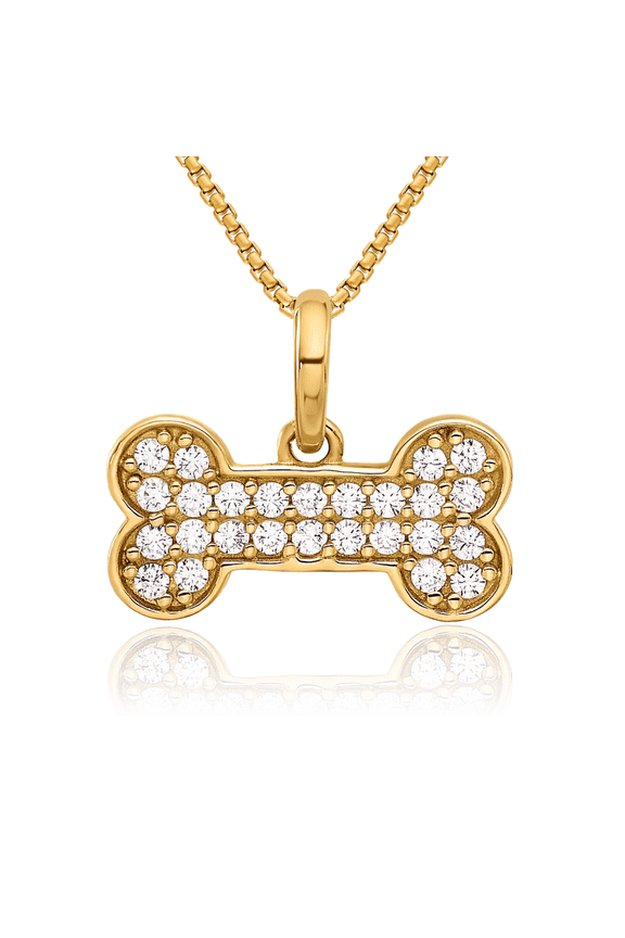 14K Solid Yellow Gold Cubic Zirconia CZ Dog Bone Necklace Chain Pendant Charm