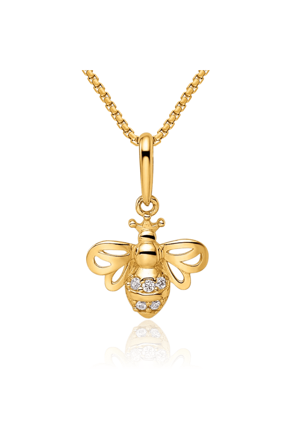 14K Solid Yellow Gold Cubic Zirconia CZ Queen Bumble Bee Necklace Honeybee Pendant Beekeeper Charm