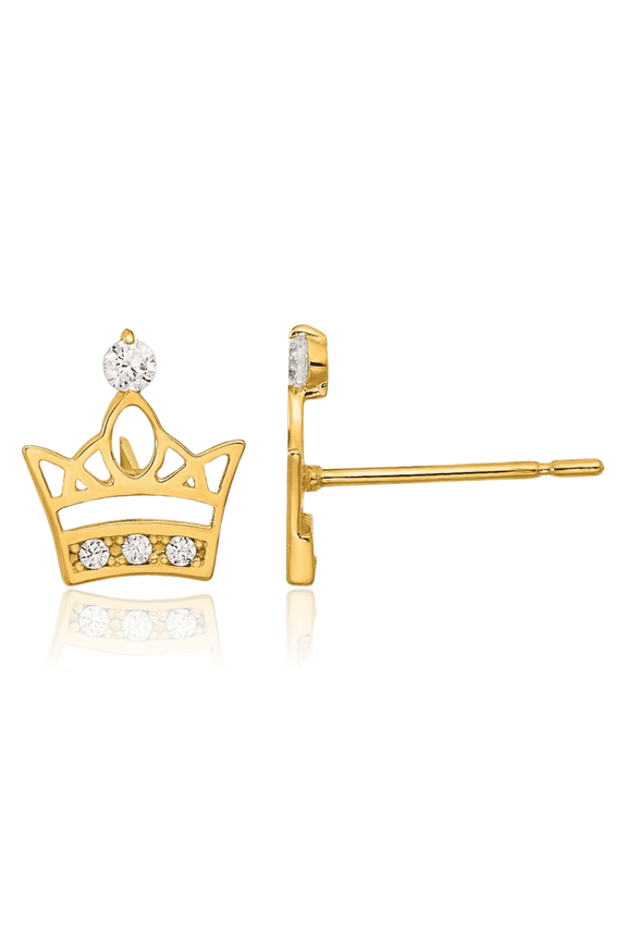 14K Solid Yellow Gold Cubic Zirconia CZ Royal Princess Crown Stud Earrings