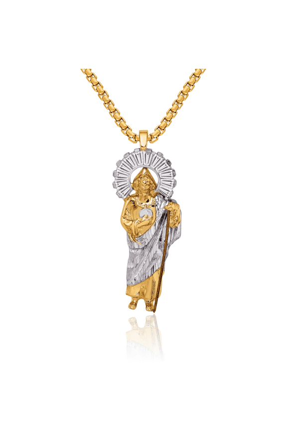 14K Solid Yellow Gold Cubic Zirconia CZ San Judas Tadeo St Jude Patron Saint Thaddeus Medal Necklace Chain Pendant Charm