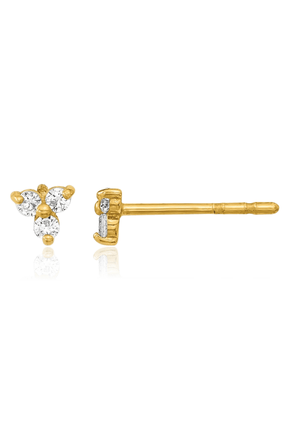 14K Solid Yellow Gold Cubic Zirconia Small Triangle Cluster Stud Earrings - 3.4mm - Round Cut, Prong Set, Butterfly Back Women's