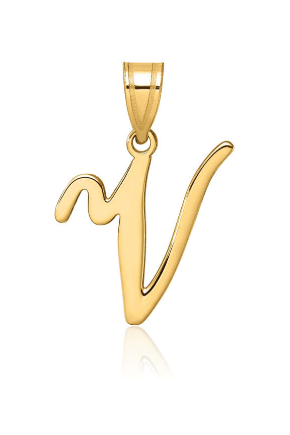 14K Solid Yellow Gold Medium Letter V Initial Pendant Necklace - 24.2mm 1 inch - Polished Women's