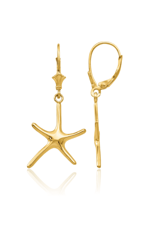 14K Solid Yellow Gold Dancing Starfish Drop Dangle Earrings