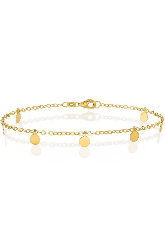 14K Solid Yellow Gold Dangling Circle Round Disc Station Chain Bracelet